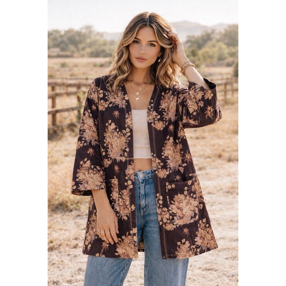 Chelsea Theodore Brown Floral Kimono Open Front Spring Chic‎ Jacket Womens M